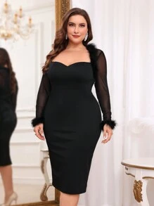 SHEIN Belle Plus Size Furry Decor High Stretch Knit Black Cocktail Formal Dress, Long Sleeve Prom Semi Formal Dress, For Birthday, Wedding Guest, Graduation, Dinner, Homecoming