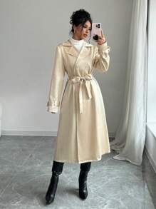 Selianne Lapel Shiny Long Sleeve Cinched Waist Waist Women Trench Coat Fall Cloth For Women - Gold - View 4