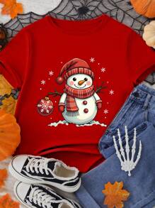 SHEIN Christmas Cute Snowman Pattern Casual Minimalist Short Sleeve Round Neck T-Shirt For Tween Girls, Suitable For Summer