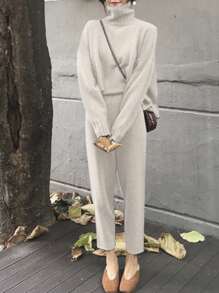 EMERY ROSE 實心高領落肩毛衣和針織褲 - 杏色 - 查看 4