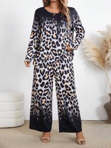 2pcs/Set Plus Size Casual Leopard Print Knit Crew Neck Outfit For Women