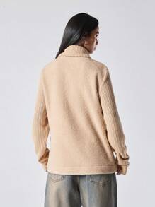 LYSMO Damen einfarbige Reißverschluss Vorne Lange Ärmel Regular Jacke Teddy Mantel, Lässig für den täglichen Gebrauch - Aprikosenfarben - Übersicht 2