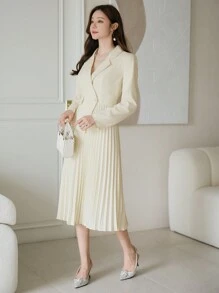 DAZY Vestido de talle medio elegante y minimalista con cuello plano, dobladillo plisado y unicolor, para la temporada de otoño