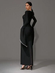 Modphy 新款圆领喇叭袖串珠弹力性感紧身长款绷带连衣裙，正式伴娘婚礼派对礼服，适合女士节日开斋节庆典、晚会、婚礼宾客 - 黑色 - 查看 2