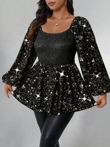 Allurite Plus Size Knitted Textured Fabric With Star Metallic Stamping, Cute Women Top - Black - View 4