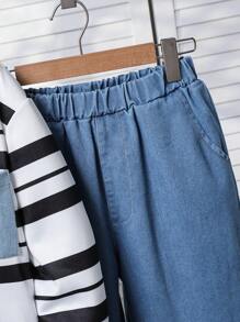 2 件套青少年男孩时尚条纹印花圆领运动衫和直筒牛仔裤套装，秋冬 - 彩色 - 查看 3