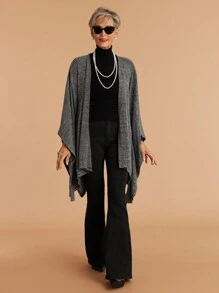 SHEIN LUNE Women's Solid Color Elegant Asymmetric Hem Casual/Work Poncho Coat - Grey - View 6