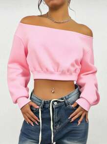 SHEIN Unity Áo nỉ dài tay trễ vai màu hồng lệch vai thường ngày - Hồng - Xem 3