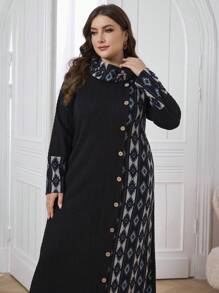Al Najma Vestido de punto de cuello alto con textura y diseño de patchwork, talla grande para mujer, apropiado para otoño/invierno, vestido casual de tipo maxi para uso diario