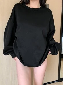 DAZY Crew Neck Casual Fleece Solid Color Loose Sweatshirt For Women,Fall Clothes - Black - View 2