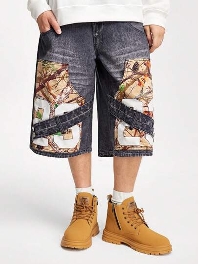 Street Life Jeans grandes jambes à imprimé patchwork mode pour hommes