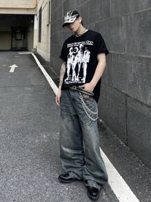 Manfinity Roghcode 男式纯色宽松口袋休闲宽松牛仔裤 - 藍色 - 查看 3