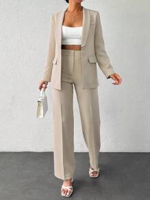 EURMUSE Ladies' Solid Color Stand Collar Blazer And Pants Suit - Beige - View 3
