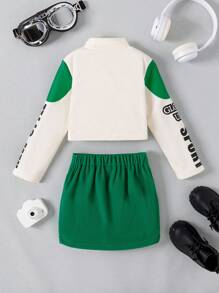 SHEIN Bộ 3 món/Bộ trang phục in họa tiết xe máy thời trang cho bé gái, Thu/Đông - màu xanh lá - Xem 2