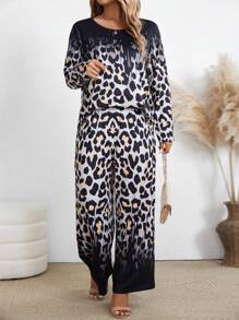 2pcs/Set Plus Size Casual Leopard Print Knit Crew Neck Outfit For Women