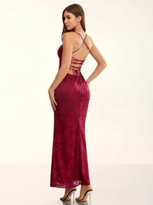 Glamine Rotes rückenfreies Spitzenkleid zum Binden für Damen, figurbetontes Kleid, rotes Kleid mit Satin-Print, sexy Partykleid, rotes langes Kleid, sexy rotes Kleid, sexy Damenkleider, formelles Kleid, Meerjungfrauenkleid - Bordeaux - Übersicht 1