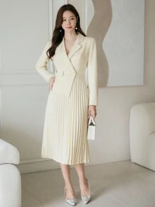 DAZY Vestido de talle medio elegante y minimalista con cuello plano, dobladillo plisado y unicolor, para la temporada de otoño
