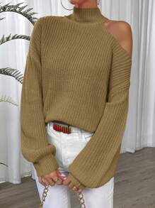 Chiquease Women Casual Solid Color High Neck Off Shoulder Loose Sweater, Suitable For Autumn And Winter Knit Pullover Fall Outfit - Army Green - View 5