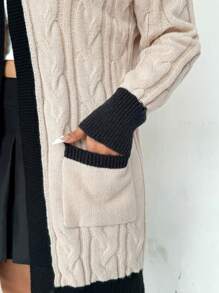 Calvaya Plus Size Women Contrast Color Pockets Casual Long Cardigan, Fall/Winter - Apricot - View 3