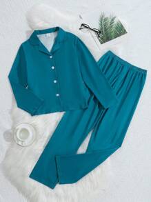 2pcs Tween Girl Lake Blue Solid Color Simple Fashion Pique Fabric Collar Long Sleeve Blouse & Casual Pants Loungewear Set - Blue - View 1