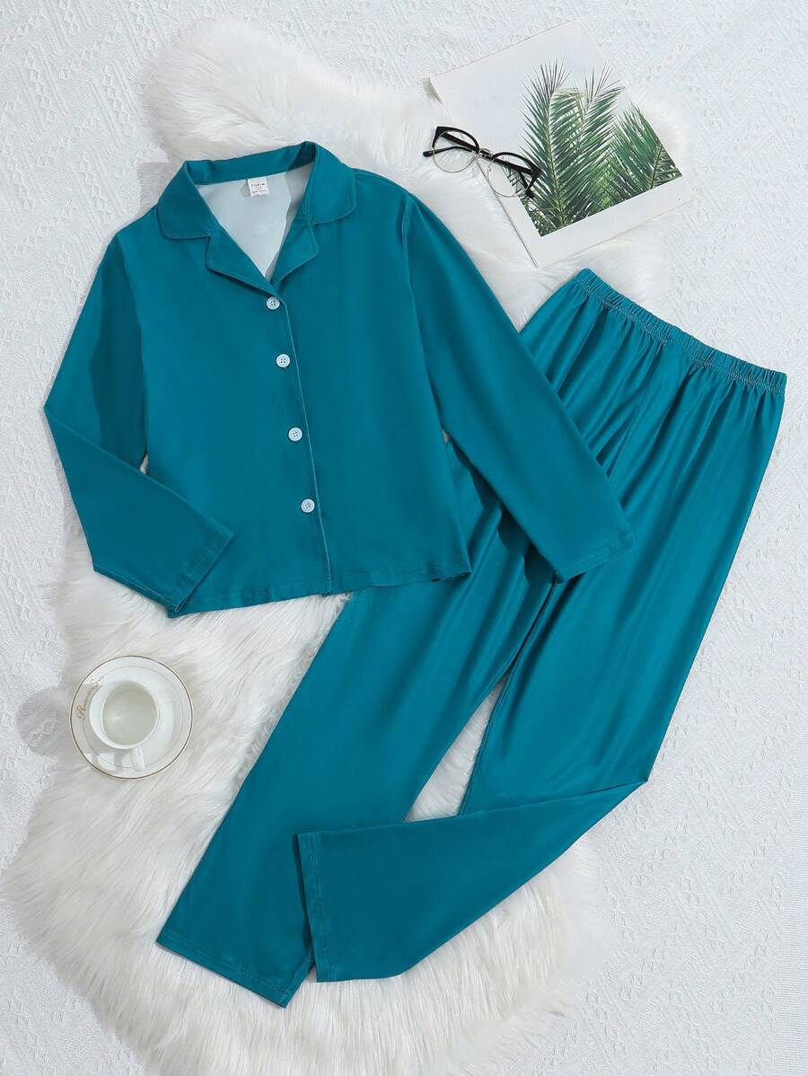 2pcs Tween Girl Lake Blue Solid Color Simple Fashion Pique Fabric Collar Long Sleeve Blouse & Casual Pants Loungewear Set - Blue - View 1