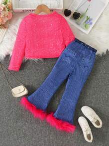 SHEIN 2 件套年轻女孩街头时尚圆领长袖短款女孩肖像 T 恤和松紧腰女孩肖像牛仔效果喇叭裤，春秋 - 玫紅色 - 查看 2