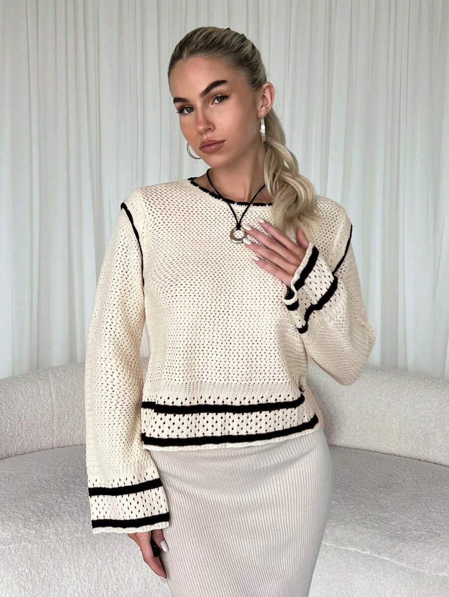 Chiquease Casual Textured Knit Crew Neck Loose Sweater, Suitable For Autumn/Winter, Knit Pullover Fall - White - View 1