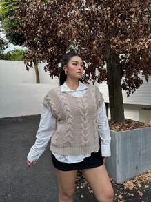 Calvaya Plus Size Solid Color Loose Knit Cardigan Vest, Casual And Versatile For Autumn/Winter - Camel - View 4