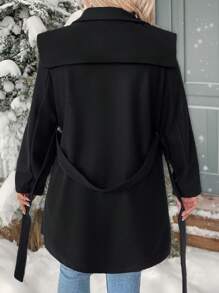 SHEIN LUNE Plus Size Solid Color Long Sleeve Front Button Waist Tie Lapel Collar Jacket, Casual Daily