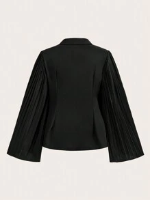 SHEIN BAE Traje de chaqueta y pantalones de pernera ancha elegantes para viajes de negocios, talla grande, con chaqueta negra con solapa, manga acampanada y plisado en la cintura, y pantalones de vestir de dos piezas