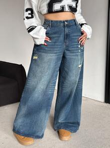 Dripcurv Plus Size Loose Fit Ripped Blue Wide Leg Casual Boyfriend Jeans Fashion Solid Retro Washed Baggy High Waist Winter Street Cool Style Streetwear Jeans Women Homecoming Fall Jeans - Blue - View 4