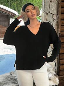 SHEIN EZwear Áo len dệt kim rộng rãi màu trơn thường ngày cỡ lớn thả vai, mùa thu/đông - màu đen - Xem 3