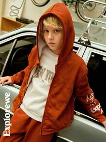 SHEIN 2 件套 青少年男孩羊毛字母印花拉链连帽夹克和裤子休闲装