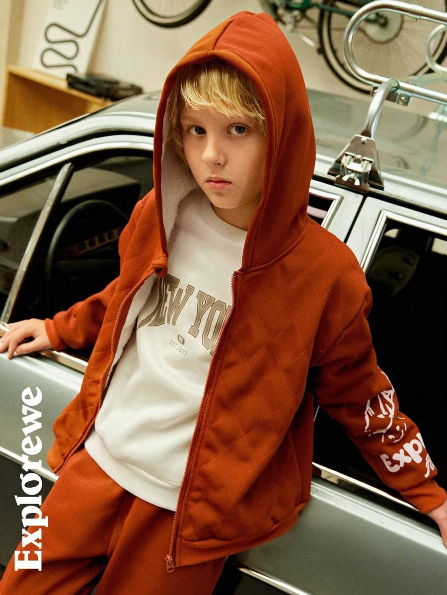 SHEIN 2 件套 青少年男孩羊毛字母印花拉链连帽夹克和裤子休闲装