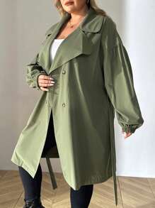 SHEIN CURVE+ Áo khoác trench coat cổ ve cong vai trễ hai hàng khuy có thắt lưng - xanh quân đội - Xem 7