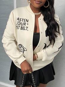 Slaydiva Giacca con cappuccio oversize da donna, con grafica e slogan, di stile casual - Beige - Visualizzare 2