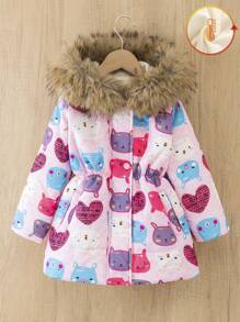 SHEIN Young Girl Cartoon Print Velvet Thickened Padded Coat, 4-7 Years Old, Hooded With Fluffy Collar, Stylish And Padded Coat For Winter