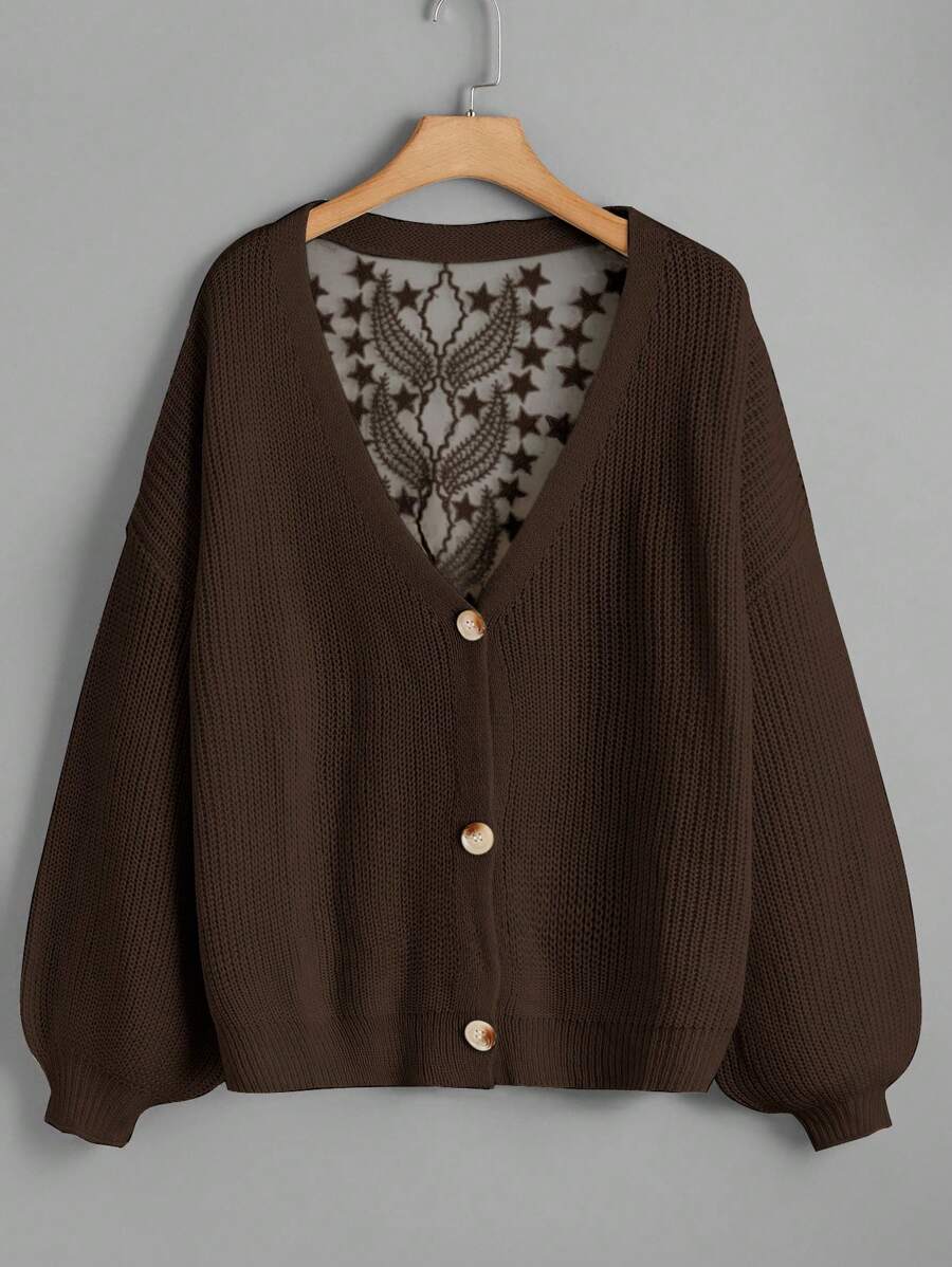 Celure 大码休闲拼布刺绣网眼插肩落肩宽松开衫 - 棕色 - 查看 1