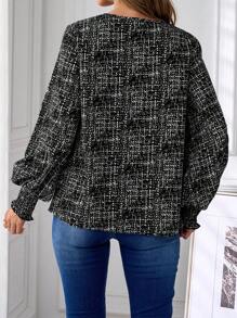 SHEIN Clasi Camisa de manga larga elegante y cómoda con estampado floral ditsy en color albaricoque, diseño de cuello en V, corte recto holgado, adecuada para uso diario y de oficina - Negro - Ver 2