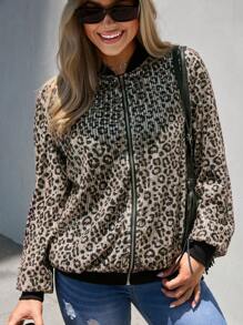 SHEIN LUNE Chaqueta bomber con estampado de leopardo de lentejuelas para mujer, otoño/invierno - Negro - Ver 6