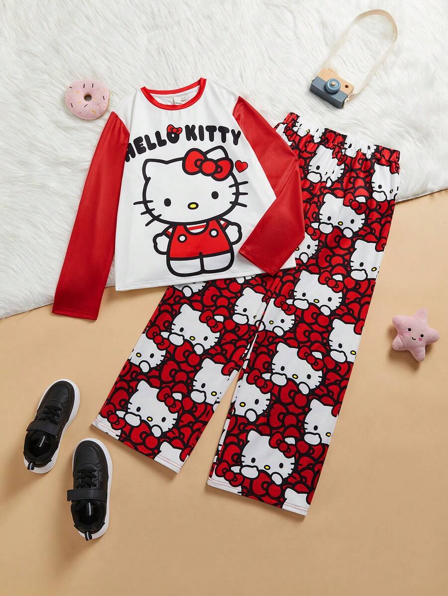HELLO KITTY AND FRIENDS | SHEIN 2 件装少女可爱休闲卡通蝴蝶结图案长袖 T 恤和全身印花长裤睡衣套装 - 紅白色 - 查看 1