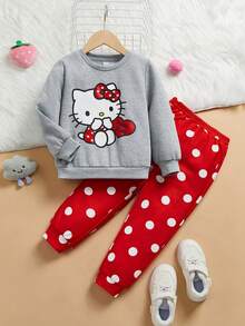HELLO KITTY AND FRIENDS | SHEIN 年轻女孩灰色可爱休闲卡通印花运动衫和红色波尔卡圆点慢跑运动裤套装 - 紅色 - 查看 1