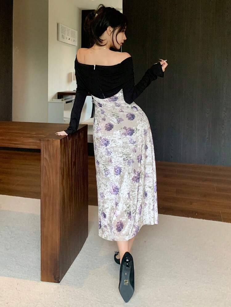 Color Block Off Shoulder Midi Dress For Women, Birthday Prom Dress,Fall Clothes Long Sleeve Dress Elegant Women Dresses Floral Dresses For Women