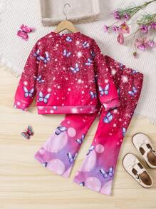 SHEIN 2 件/套女孩时尚休闲彩色蝴蝶印花套装，适合外出、旅行、度假、户外、学校、日常生活、秋季和春季，时尚可爱甜美女孩 - 紫色 - 查看 2