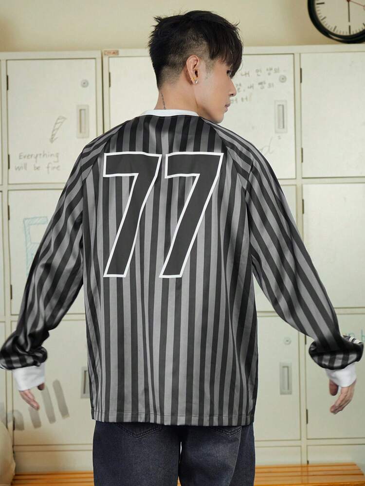 Men's Striped Letter Print Round Neck Raglan Sleeve Long Sleeve T-Shirt, Autumn