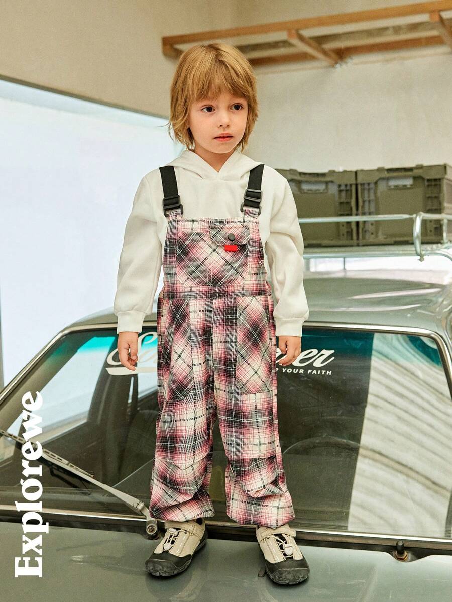 SHEIN Young Boy Wide Strap Button Pocket Simple Casual Jumpsuit - Watermelon Pink - View 1