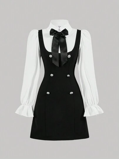 SHEIN Girlism Tween 女童拼色蝴蝶结装饰腰部连衣裙，二合一设计