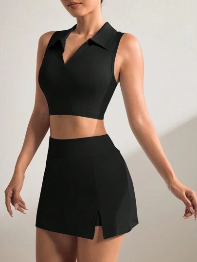 纯色 Polo 领无袖上衣和松紧腰开叉短裙夏季运动套装健身女式套装