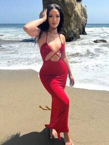 Hauture 女士纯色交叉镂空紧身挂脖连衣裙