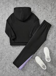 2 piezas/Conjunto Niño preadolescente Sudadera con capucha y pantalones de chándal informales con estampado de letra de dibujos animados, otoño/invierno